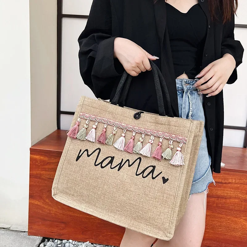 Women Mama Letter Printing Tote Bag Large Capacity Baby Diapers Storage Bag Casual Fashion Linen Shopping Handbag Gifts for Mom