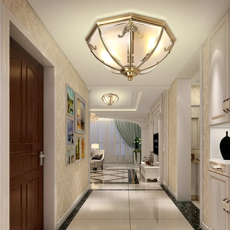 European Style Glass Copper Material LED Ceiling Light Suitable for Living Room Villa Bedroom Nordic