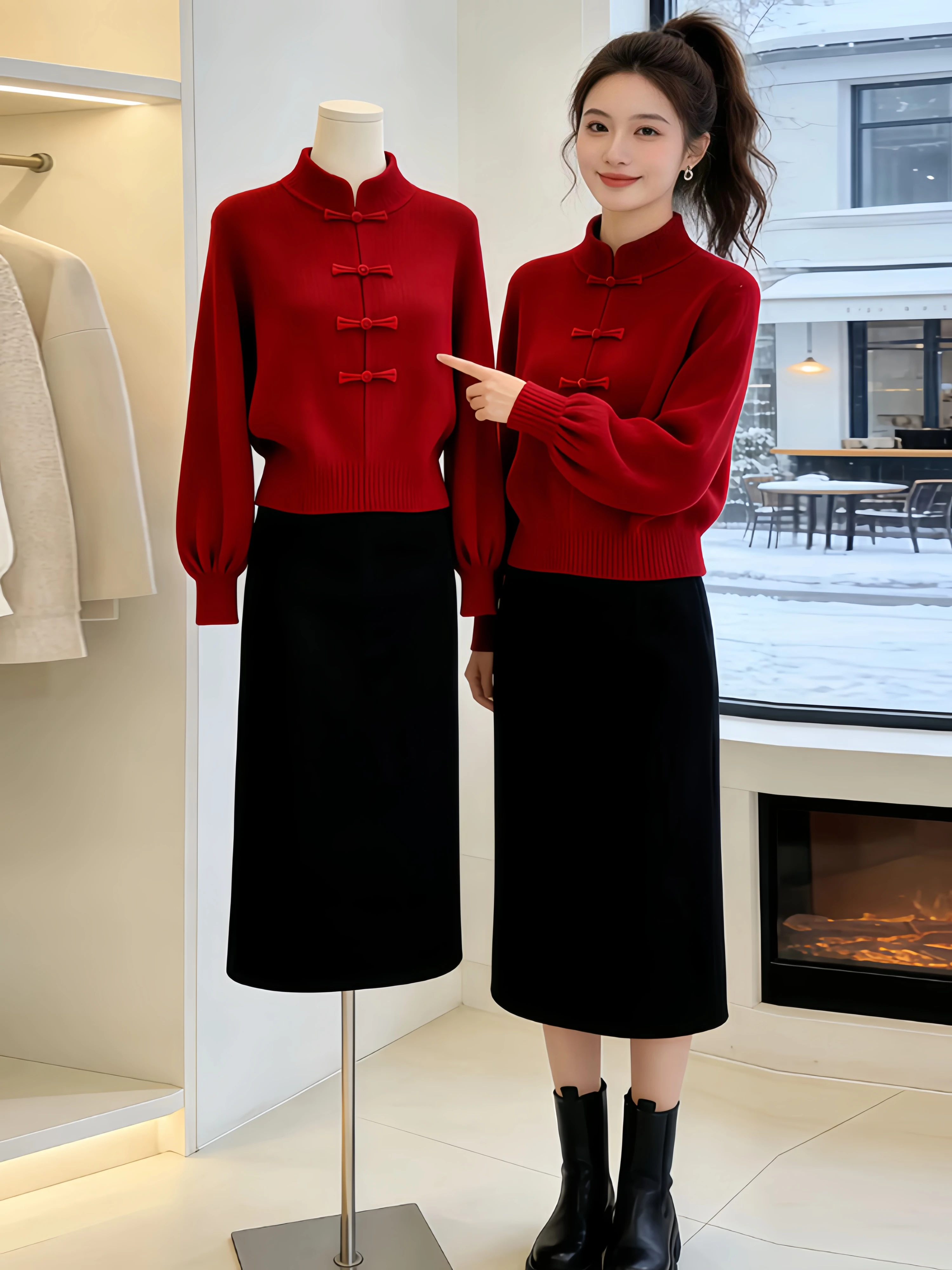 

Red Knitted Sweater Stand Collar Winter Women's Inner Wear Casual Loose Fit Long Sleeve Knitwear New Year's Fashion Statement