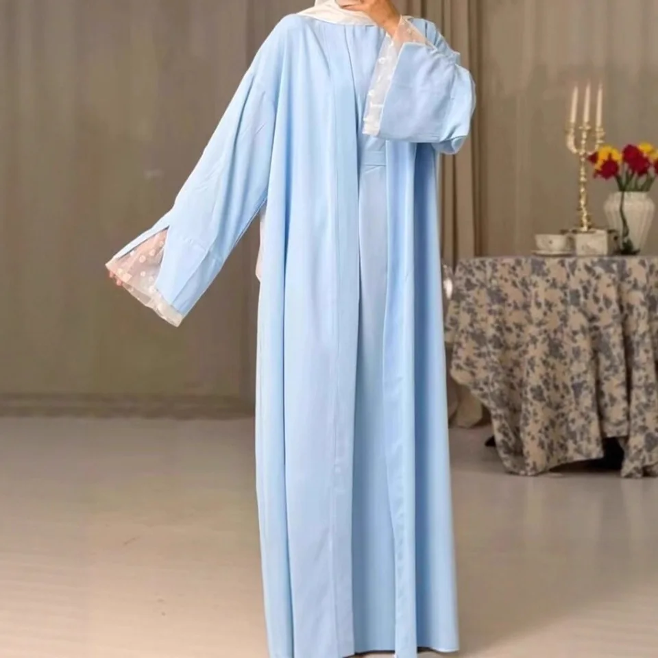 Women's Casual Clothing Pink Muslim Abaya Modest Islamic Dress with Lace Trim Long Sleeve Daily Prayer Wear