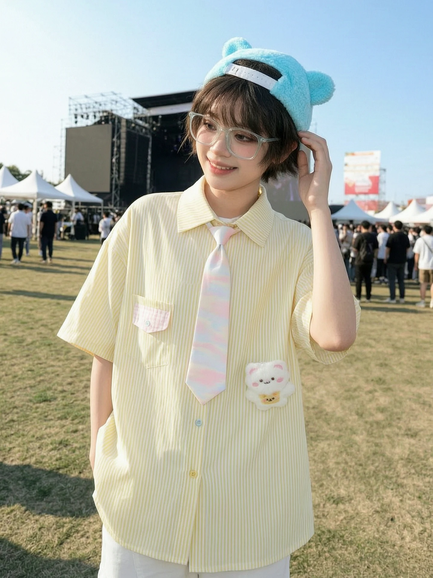 

Sweet Style Patchwork Design Striped Loose Short Sleeve Women's Shirt Summer Top Casual Cotton Polyester Blend
