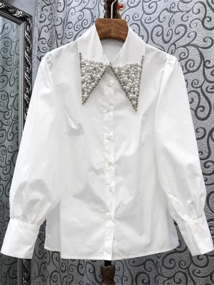 

Korean Style Fashion Women Shirts Spring Autumn Vintage Beading Elegant Heavy Industry Nail Bead Inlaid with Diamonds Top