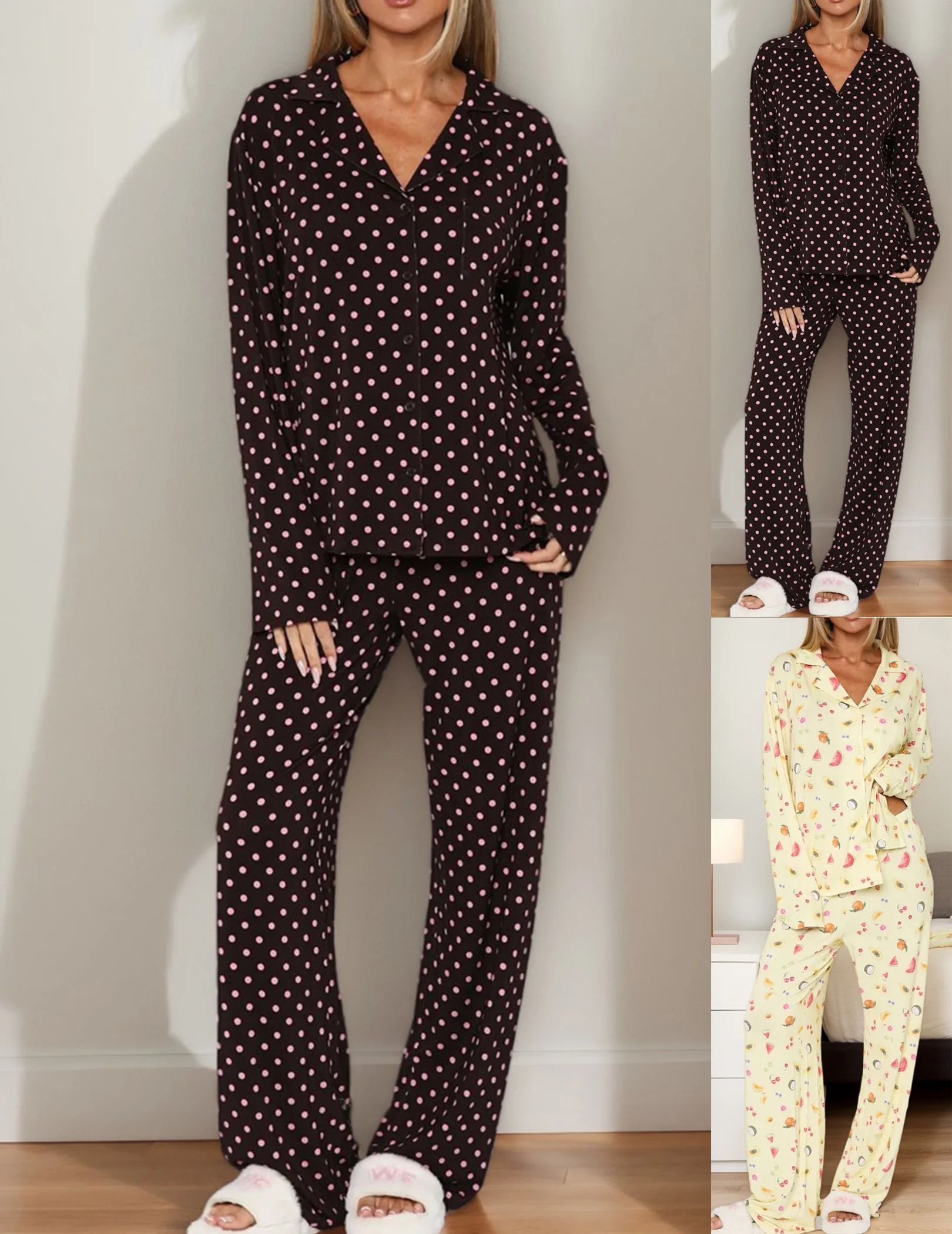 

Womens 2 Piece Pajama Set Long Sleeve Button Down Tops Wide Leg Pants Pajamas Set Loungewear Y2K Cute Pjs