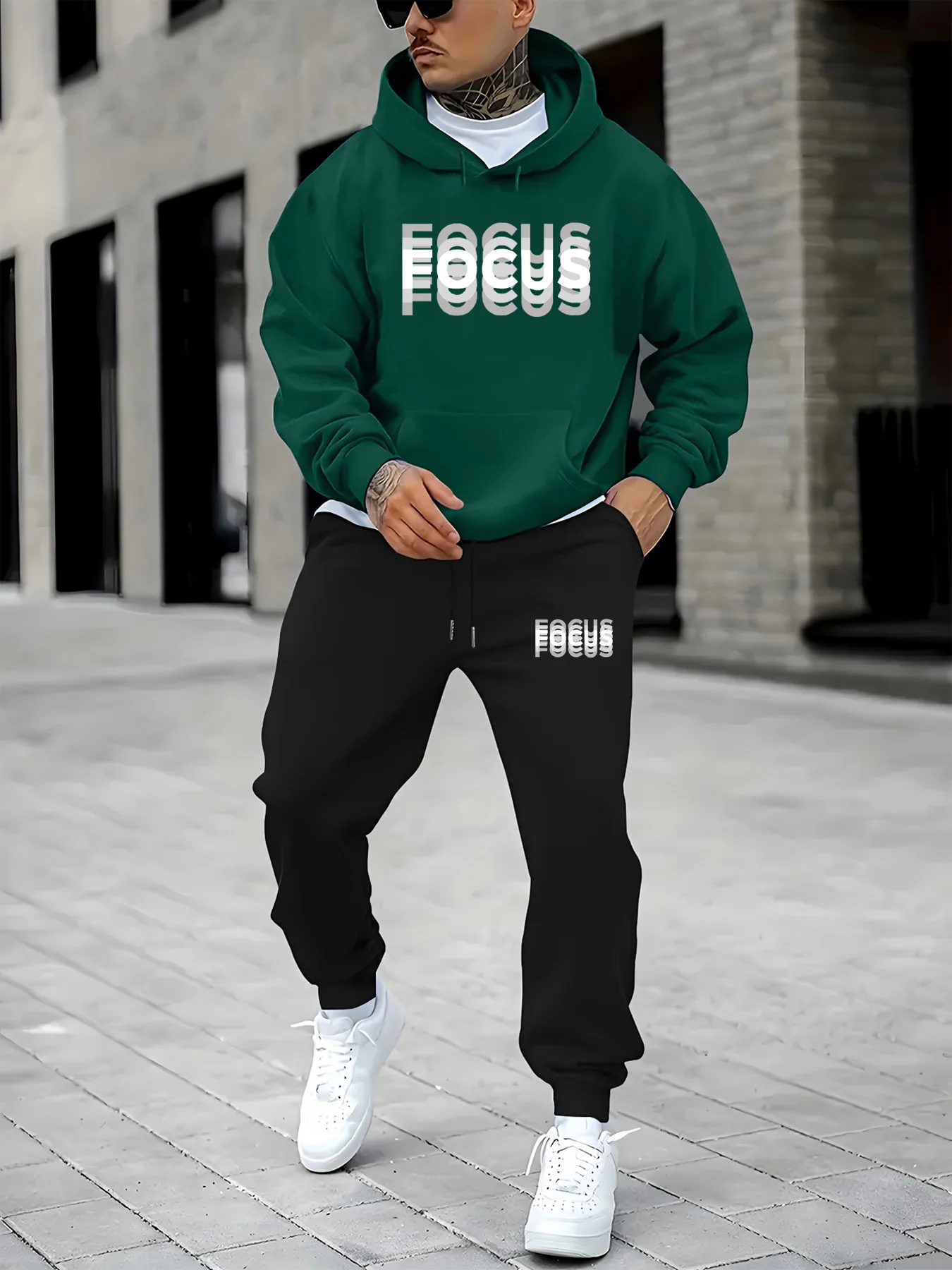 

Men's autumn and winter casual warm FOCUS gradient color letter print loose and plush thick hooded sweatshirt+sports pants set