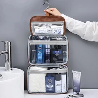Bolsa de almacenamiento portátil de negocios de cuero PU con cremallera para hombre, organizador de artículos de tocador, bolsa de cosméticos de viaje para mujer, bolsa de lavado impermeable colgante