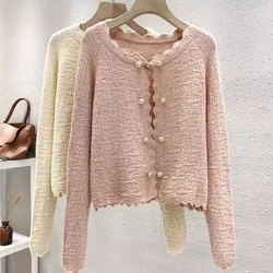 Early Autumn Short Jacket Women 2024 New Black Ear Collar Loose Long Sleeve Knitted Shirt Top Cardigan Sweater Women Outerwear