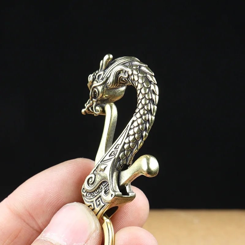 Vintage Brass Zodiac Dragon Head Keychain Antique Copper Dragon Carabiners Key Chains Men Waist Buckle Car Keys Holder Gifts