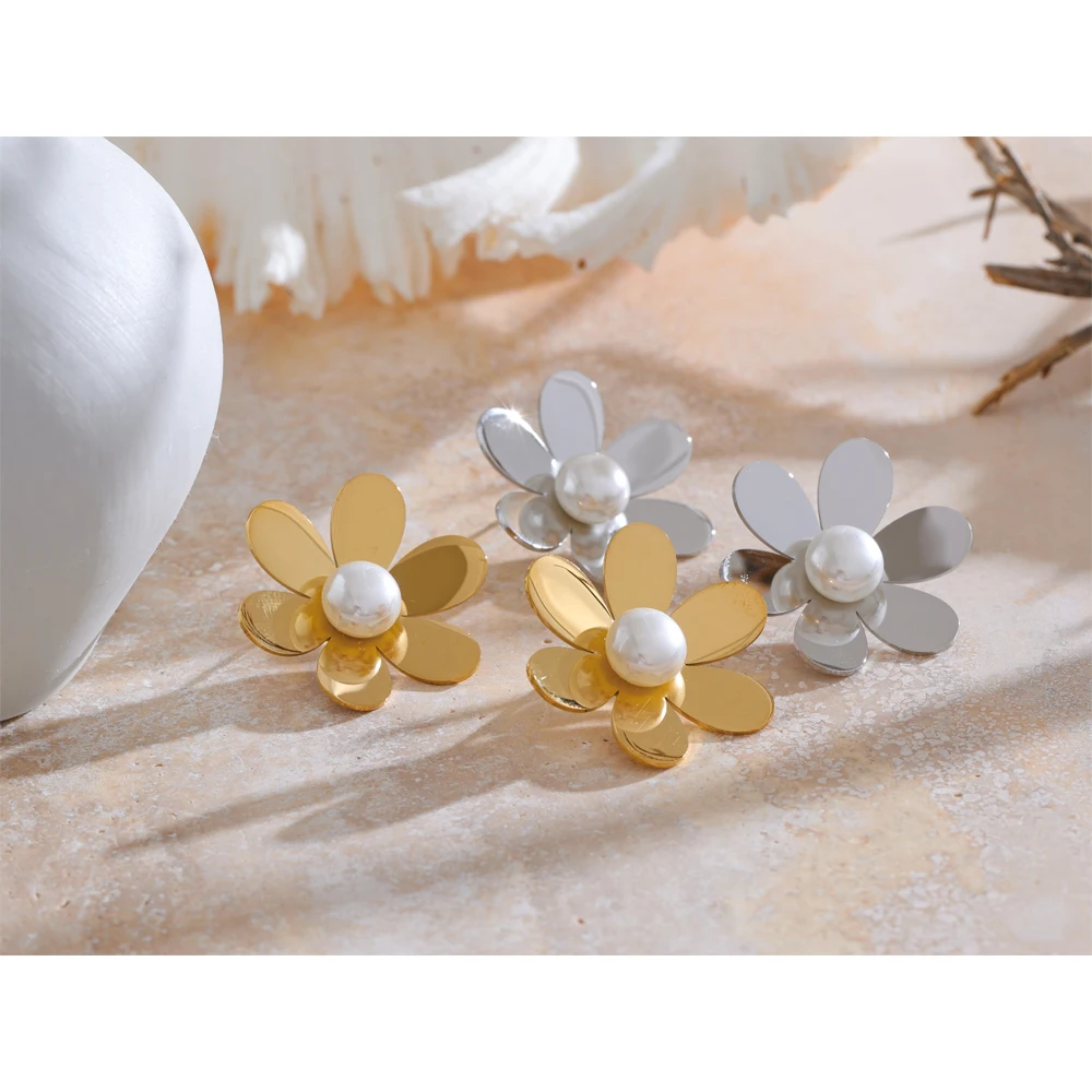 Yhpup Fashion Smooth Stainless Steel Simulated Pearls Flower Daily Trendy Stud Earrings Waterproof Attractive Jewelry Accessory