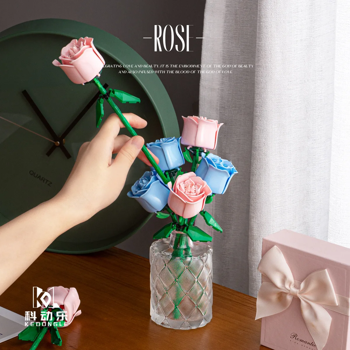 Valentine Day Pink Black Gold Rose Night Light DIY Building Blocks Peace Hope Garden Plant Model Bricks Kids Sets Kits