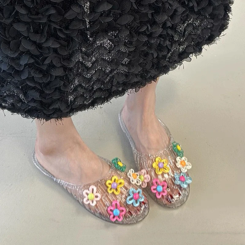 Hermosas Sandalias de Tacón Bajo con Flores Coloridas, Pantuflas de Mujer para Verano 2026, Estilo Coreano, Zapatos de Gel Transparentes, Sandalias de EVA