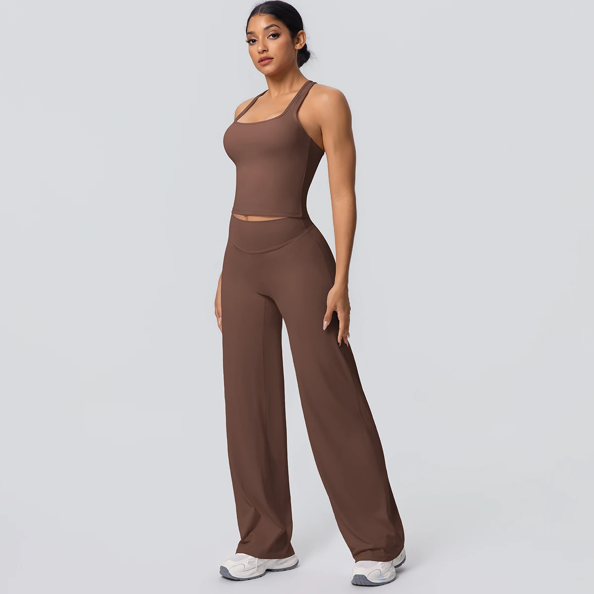 Frauen Sport Yoga Set Gym Schnell Trocknend Pfirsich Butt Yoga Hosen Einfarbig Schlank Schöne Zurück I-förmigen weste Yoga Set – Detail 8