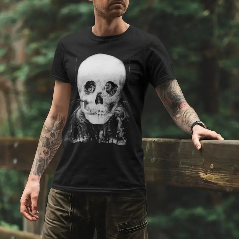 

Gothic Skull Shirt for Goth Fashion Gift for goths punk rock t-shirt gift for him for horror lovers skeletons and death macabre