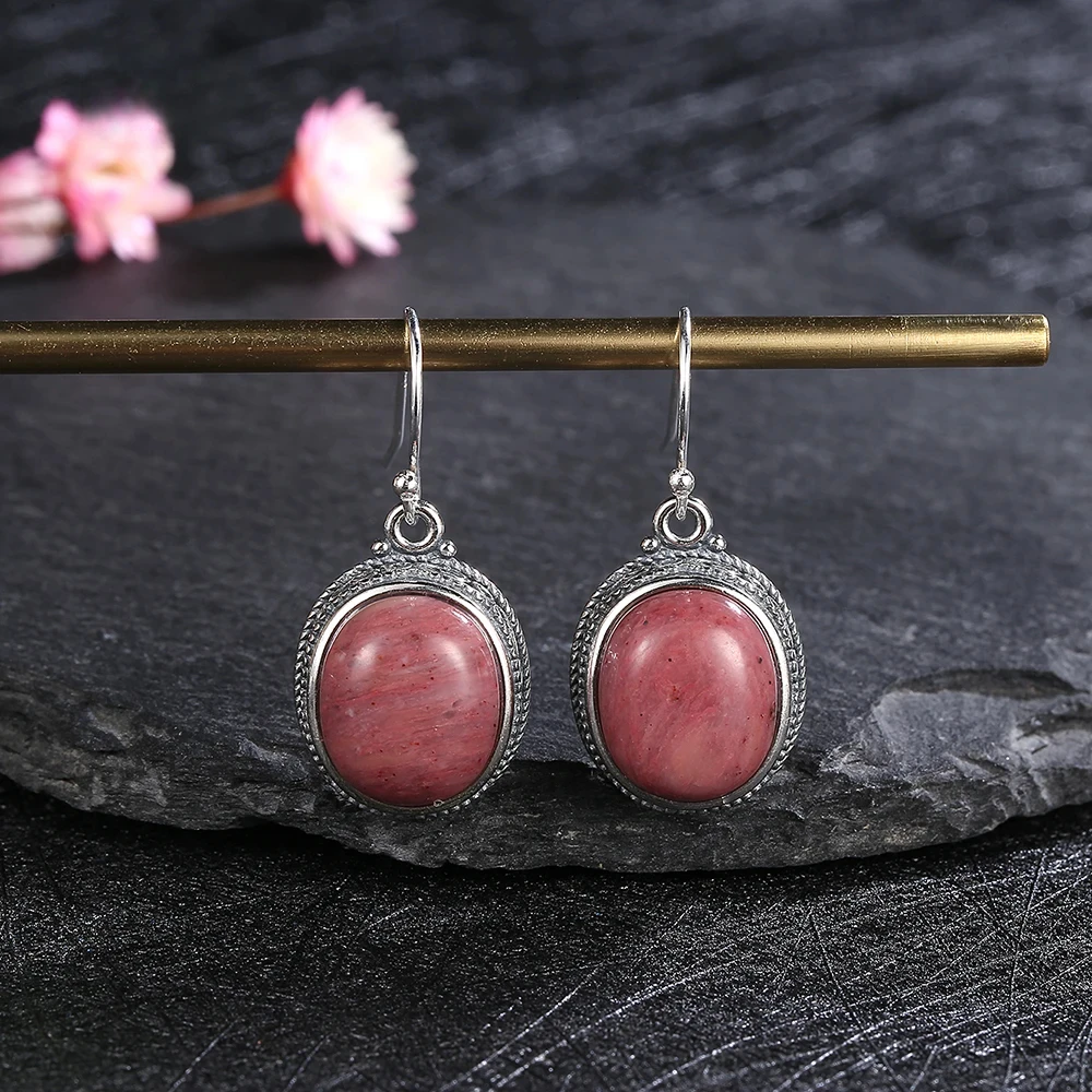 

Vintage 925 Sterling Silver Fine Jewelry 10X12MM Oval Natural Rhodochrosite Drop Earrings for Women Engagement Birthday Gift