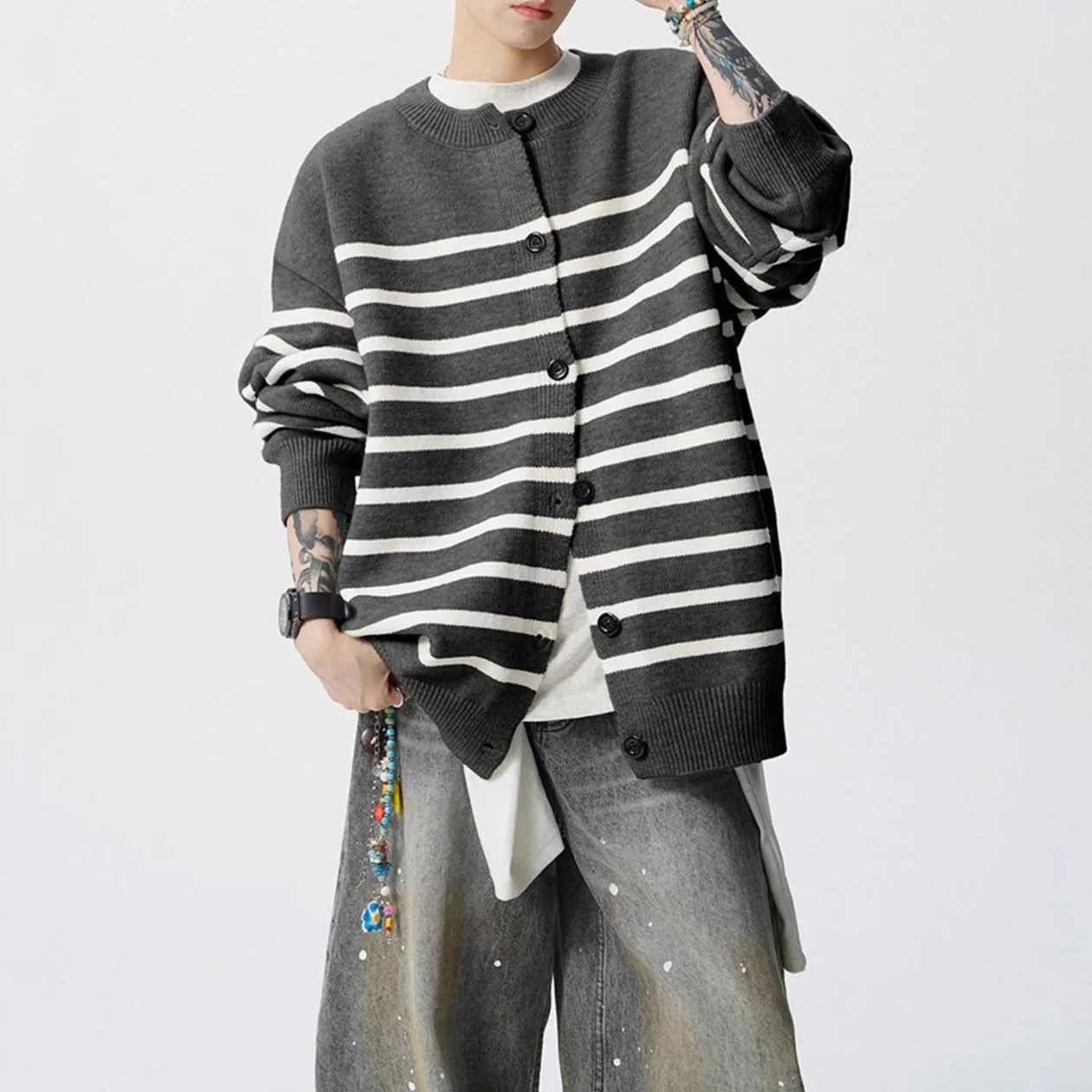 2025 New Academic Style Striped Cardigan Unisex Loose Casual Black White Color Block Versatile Sweater Jacket