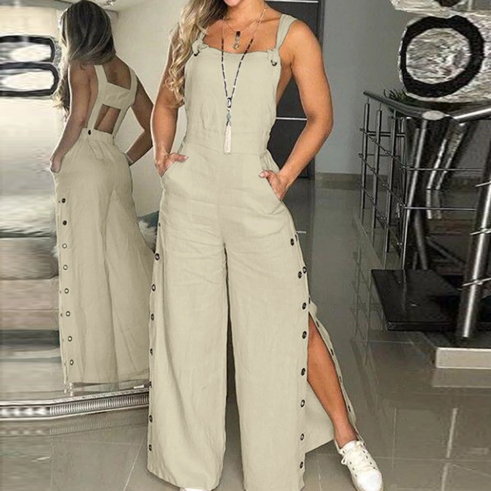 Pantaloni estivi da donna senza maniche con nodo attorcigliato in cotone e lino con spalline laterali aperture con bottoni larghi pantaloni lunghi a