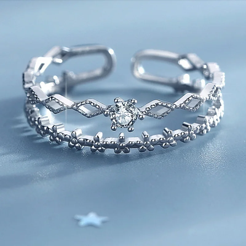 Korean Trendy Floral Zircon Double Layers Open Ring for Women Geometric Cross Cuff Rings Bride Engagement Wedding Ring Jewelry