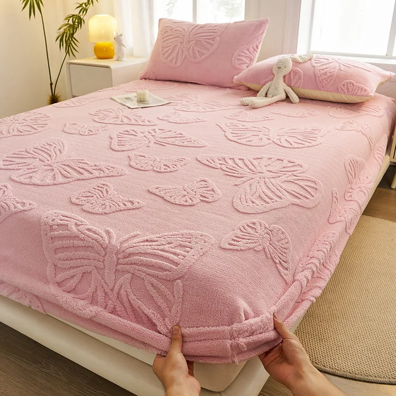 

1pc Quilted Thick Plush Fitted Sheet Solid Color Warm Sheets Machine Washable Mattress Protector Single Double Bed Cover