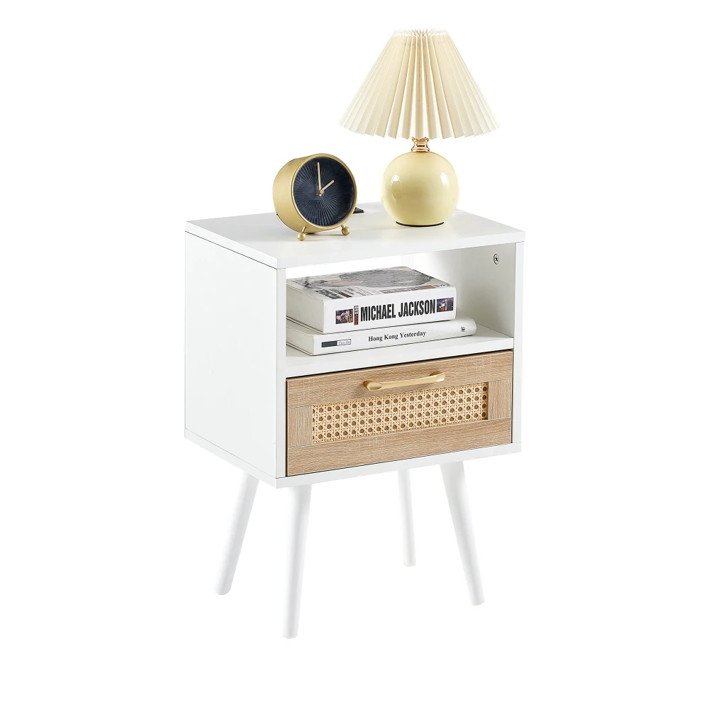 15.75" White Rattan End Table with Power Outlet & USB Ports, Modern Nightstand with Drawer and Solid Wood Legs, Rectangle Side Table for Living Room Bedroom Office, Easy Assembly, Smooth Slide Storage Drawer view 5