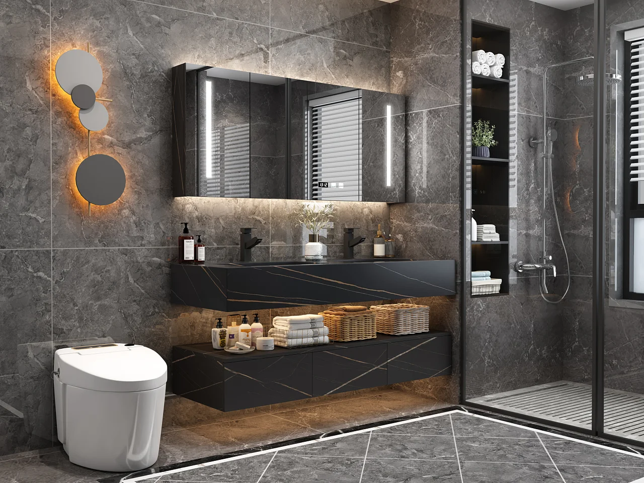 Solid Wood Bathroom Furniture Black Marble Luxury 60 Inch Double Sink Vanity