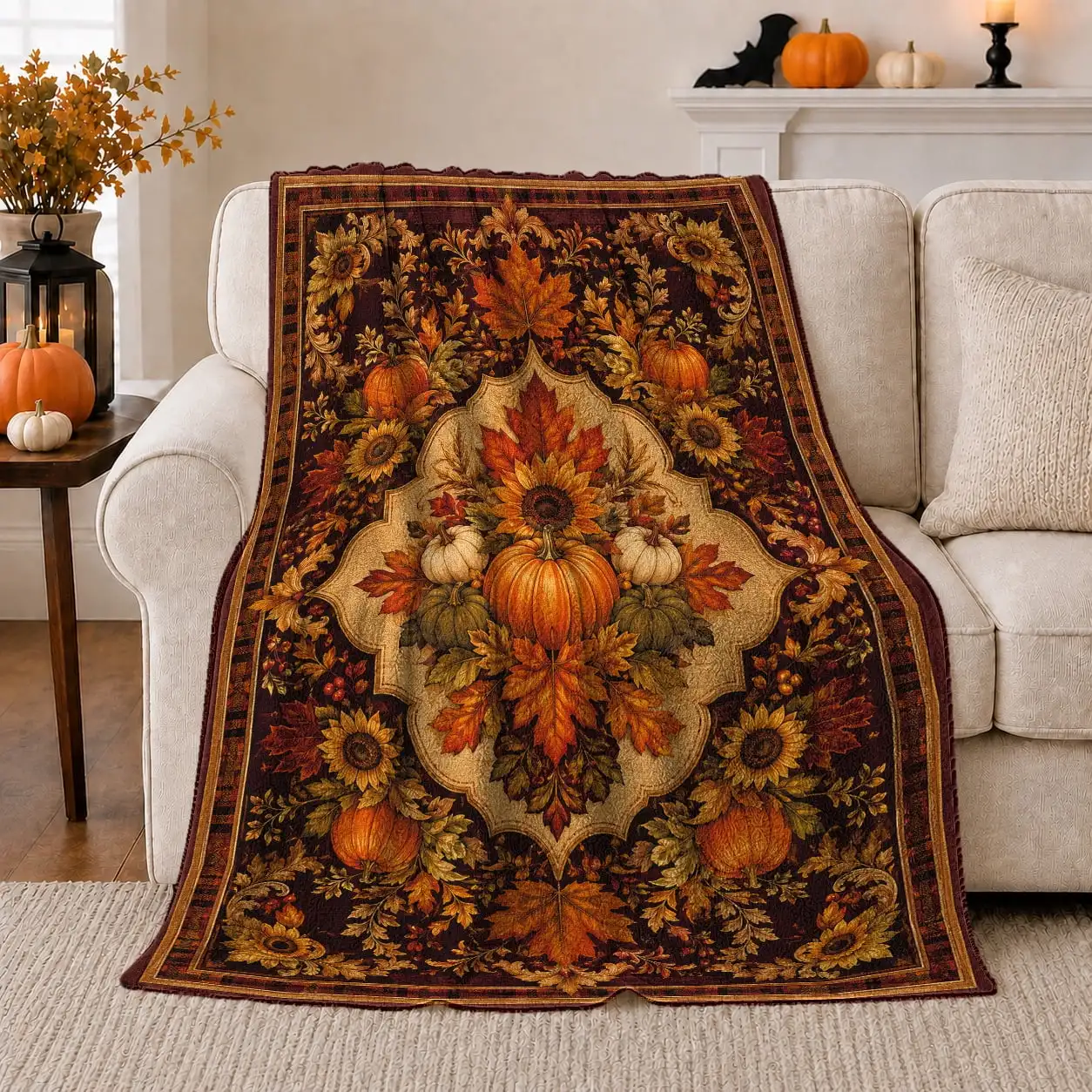Autumn Harvest Pumpkin Medallion, Cozy Friendship Quote Scene, Warm Flannel Blanket for Living Room and Reading Nook