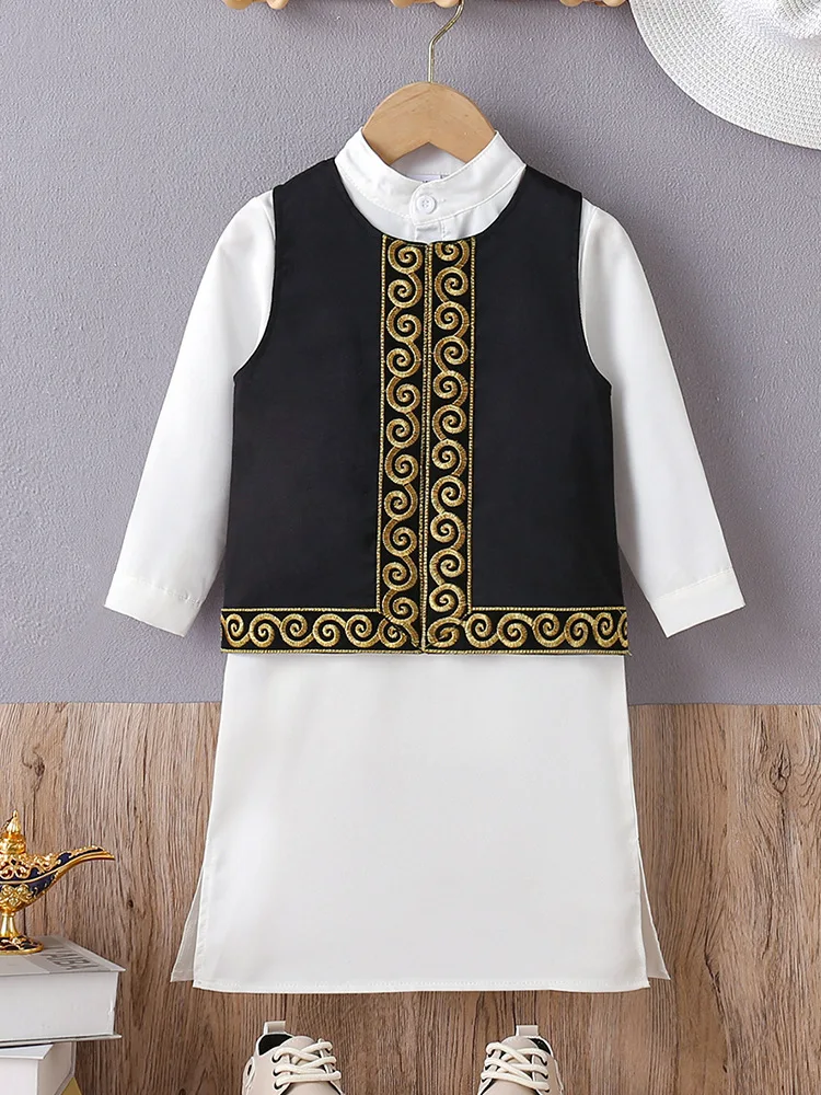 

2025Boys' New Hot-Selling Middle Eastern Embroidered Vest Robe Arab Style Set