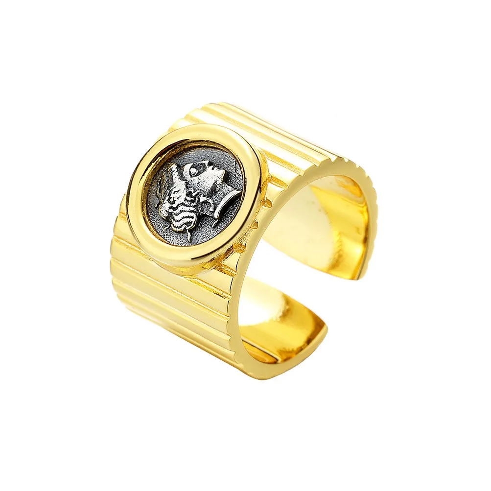 

HL-3 ZFSILVER Silver S925 Fashion Trendy Luxury Retro Gold Greek Hera Ancient Coins Rings Women Girl Wedding Party Jewelry Gift