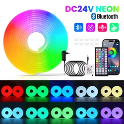 DC 24V RGB Neon Light Bluetooth Music Control 5M 10M 30M EU US UK AU Set Waterproof Flexible Ribbon Rope LED Strip