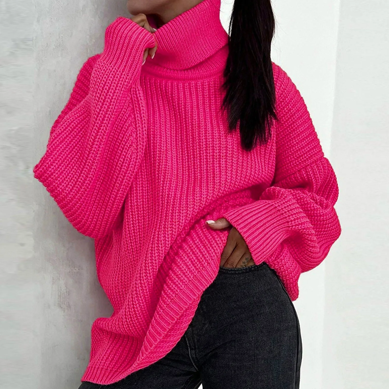 Women Turtleneck Sweater Thicken Loose Autumn Winter Casual Solid Color Knitted Sweaters Crochet Elegant Knitwear Thick Sweaters