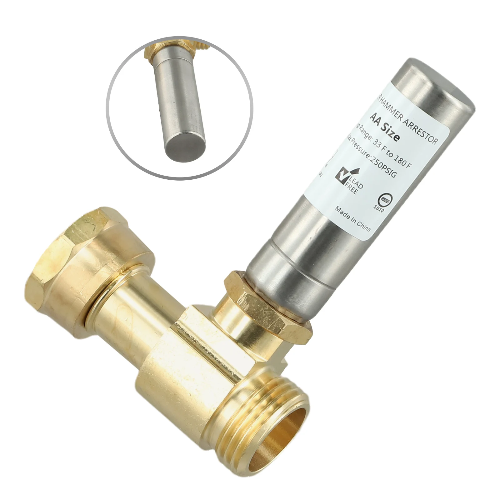 Edelstahl-Wasserhammerabsorber, 3/4 Zoll NH-Gewinde, Messing-T-Stück-Verbinder für Waschmaschinen, zur Geräuschreduzierung in der Sanitärinstallation. – Detail 1