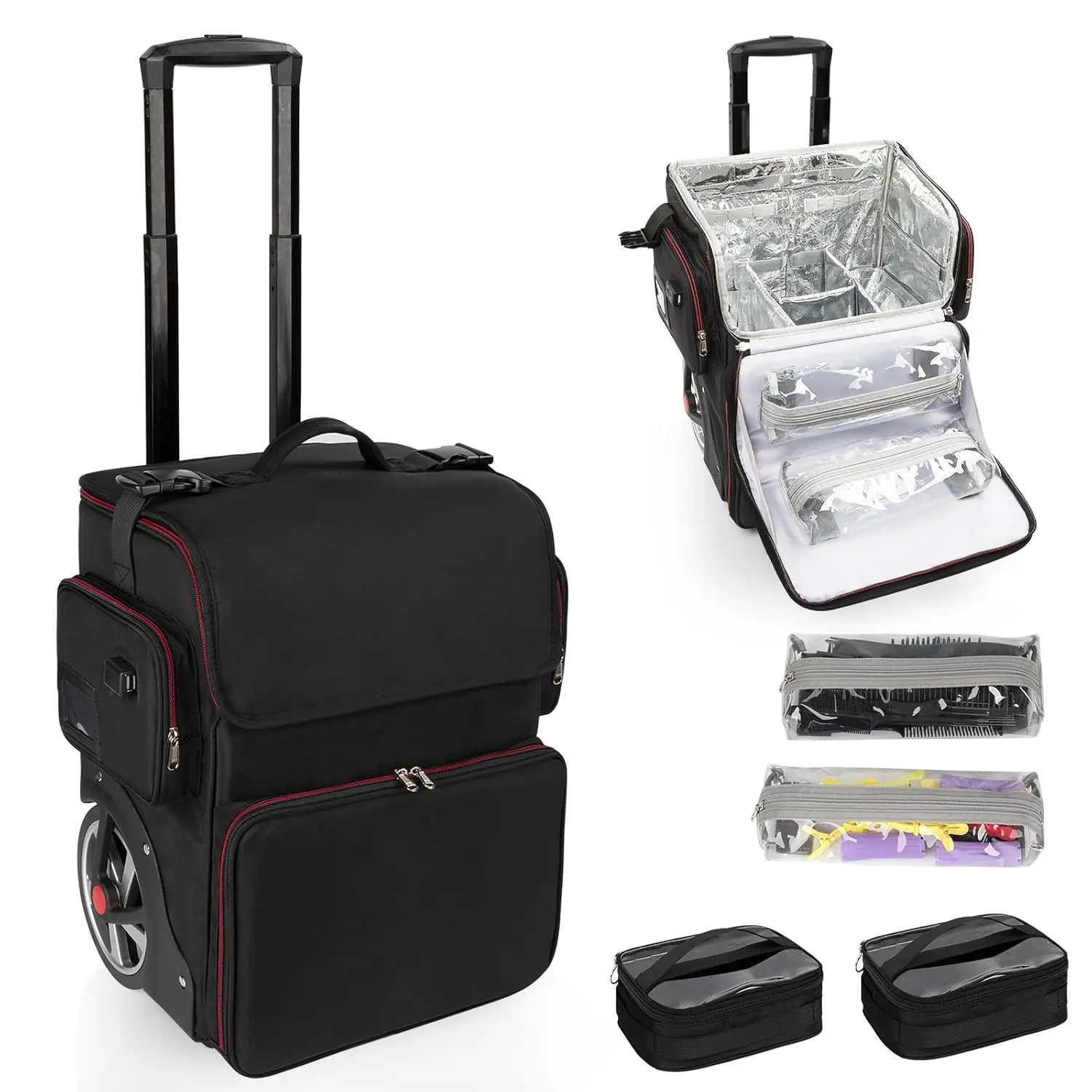 

Large Rolling Makeup Case for Hairstylists with Detachable Pouch, Heat Insulation, and Wheels