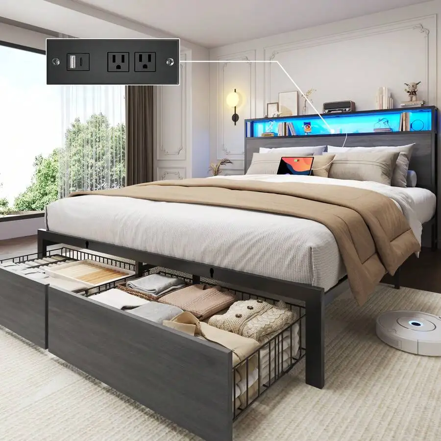 Queen & Full Bed Frame With Storage, 2-Tier Storage Headboard & Built-In Drawers, Metal Platform Bed With USB Charging Station & LED Lights, Noise Free, No Box Spring Needed, Easy Assembly,Rustic Grey - view 3