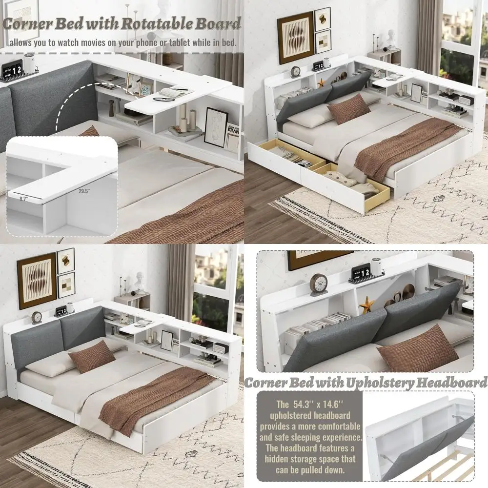 

Кровать из массива дерева размера Full/Twin с мягким изголовьем, вращающимся столом и книжным шкафом — белая мебель для детской спальни