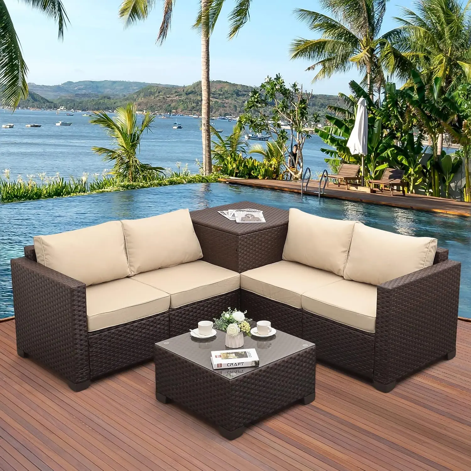 

Furniture Set 4 Pieces Outdoor Brown Rattan Sectional Conversation Sofa Chair with Storage Box Table and Khaki Cushions