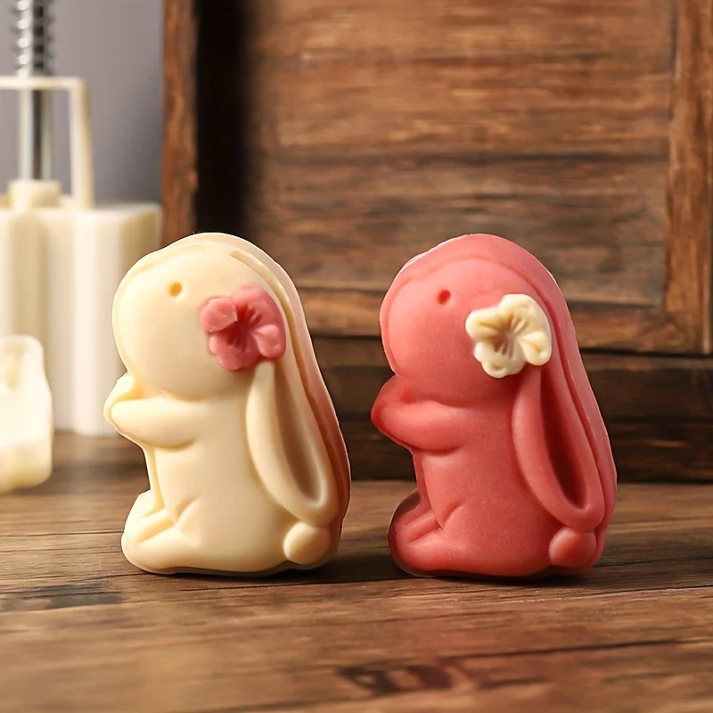 Cute Bunny Shape Moon Cake Mold,Including 1 Mold And 1 Stamps,DIY Hand Press Moon Cake Stamps, Mung Bean Cake,Cookie,Pastry Mold