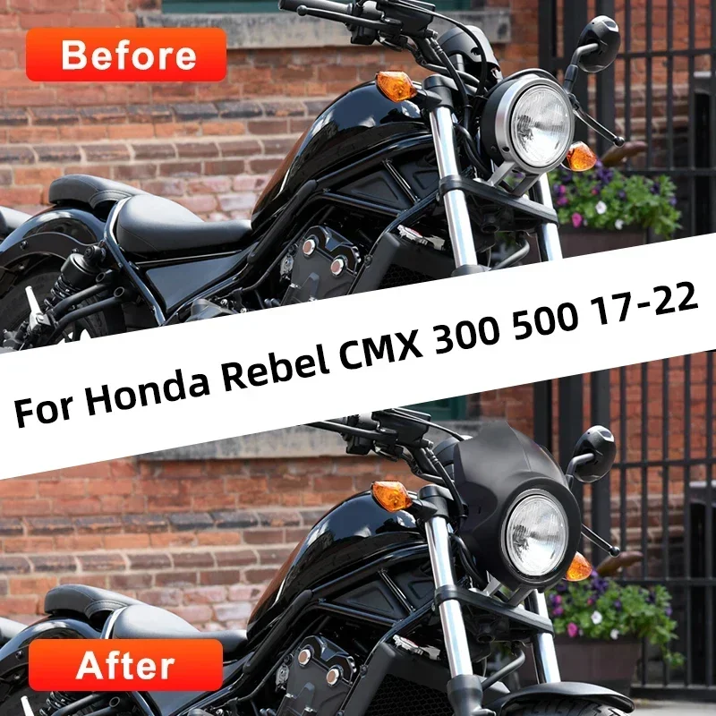 Motorcycle Accessories Front Mask Headlight Fairing Windshiled Cowl Cover Matte Black For Honda Rebel CMX 300 500 2017-2023