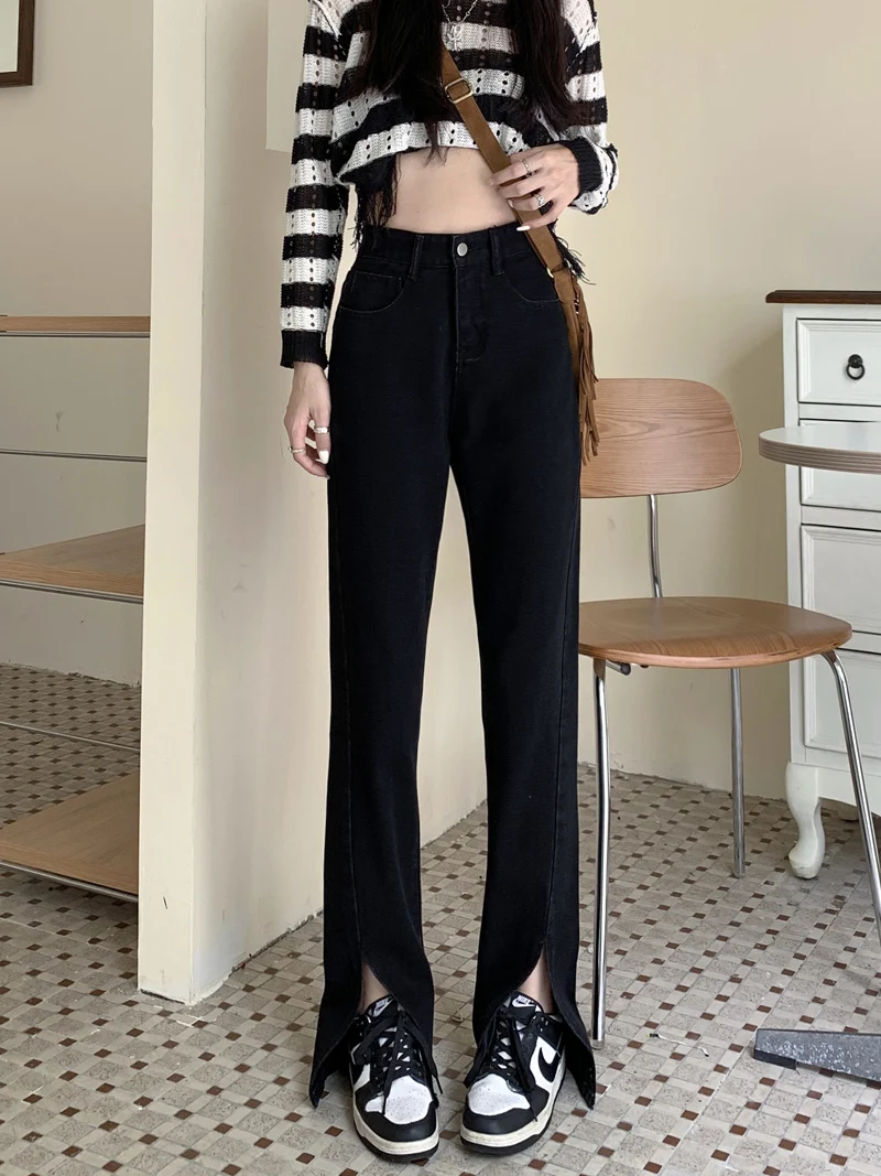 

Джинсы с высокой талией и разрезом, женские весенние новые джинсы большого размера, широкие брюки длиной до пола, прямые длинные брюки