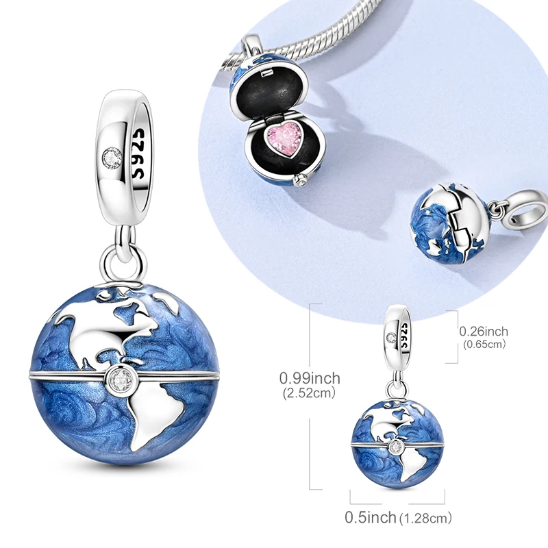 Original 925 Sterling Silber Öffnungsfähiger Erdkarten-Anhänger Passend für Original-Armband Halskette für Frauen DIY Schmuck Geschenk