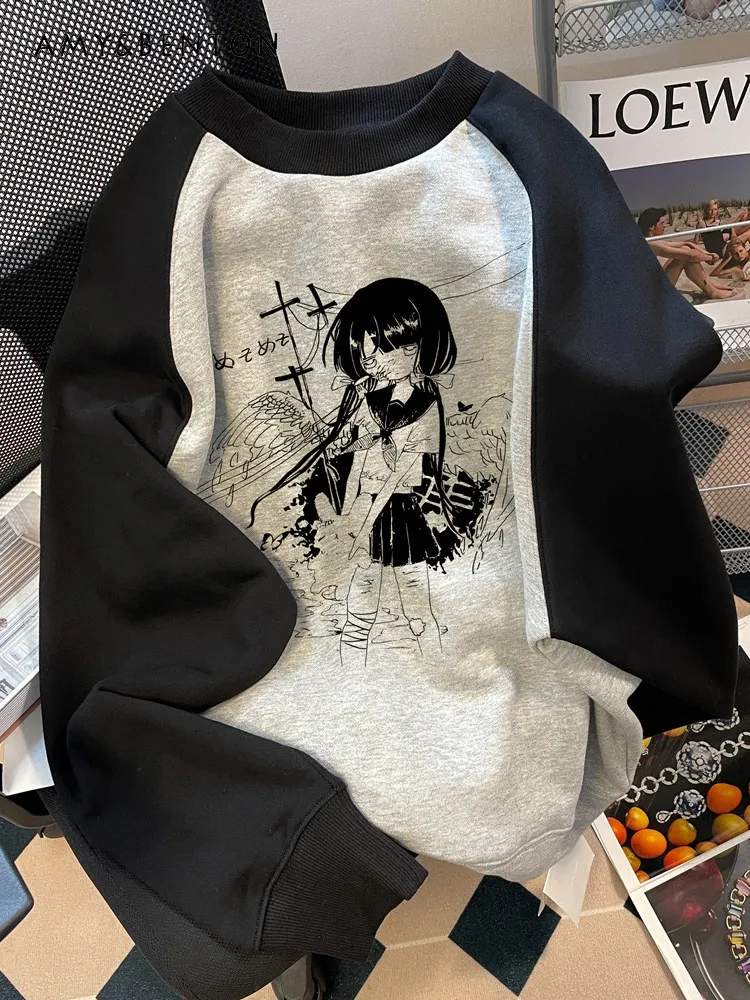 

Spring Autumn Women Black Gray Round Neck Long Sleeve Sweatshirt Japanese Style Print Loose Casual Streetwear Velvet Tops