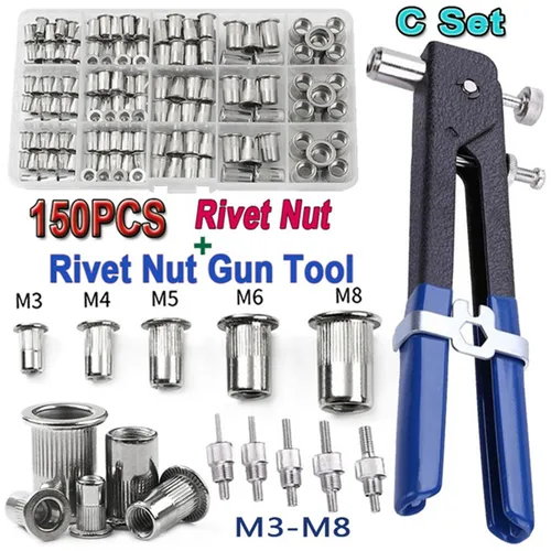 Kit de mandril de alicates para tuercas de remache, 150 Uds., M3/M4/M5/M6/M8, herramienta de reparación de mandriles de remache, tornillo plano, tuerca Pop, juego de alicates para remaches