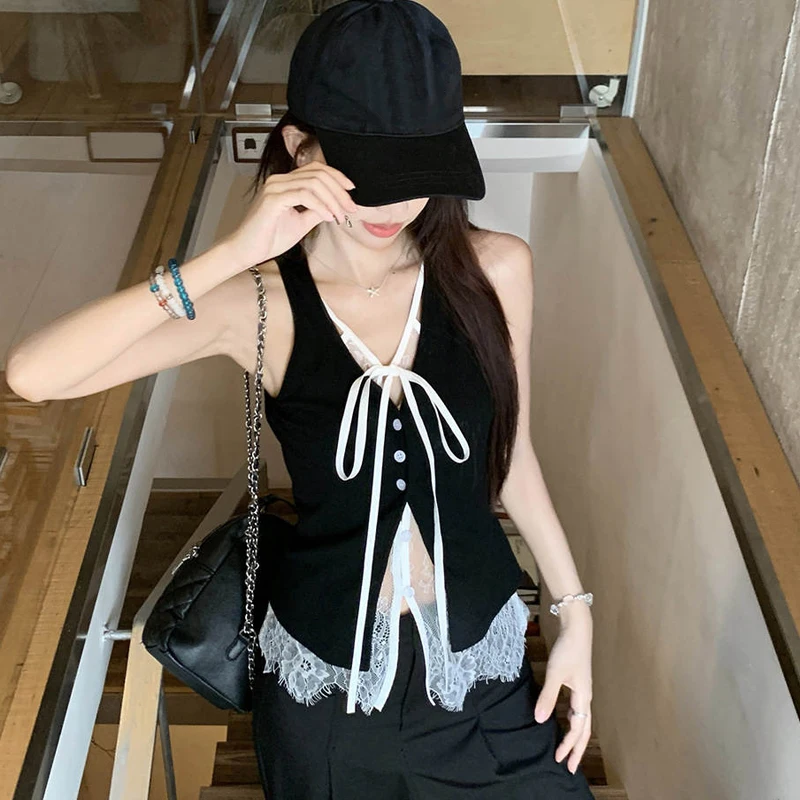 

Summer New Hot Girl High-grade Lace Splicing Fake Two-piece Contrast Color Sleeveless Vest Top For Women