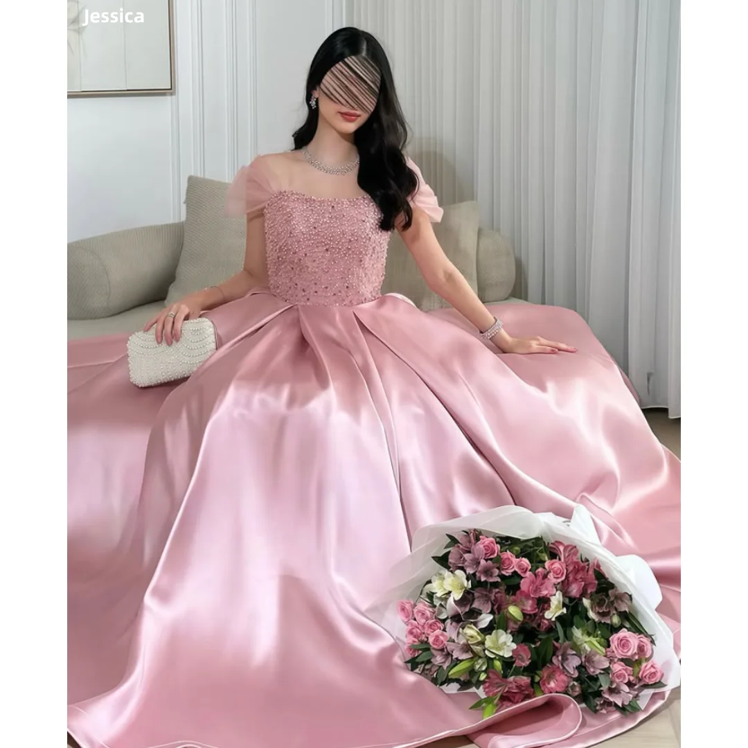 

Jessica Pink Beads Evening Dresses A-line Satin Prom Dresses Formal Occasions For Women Party Dresses Vestidos De GalaCustomized