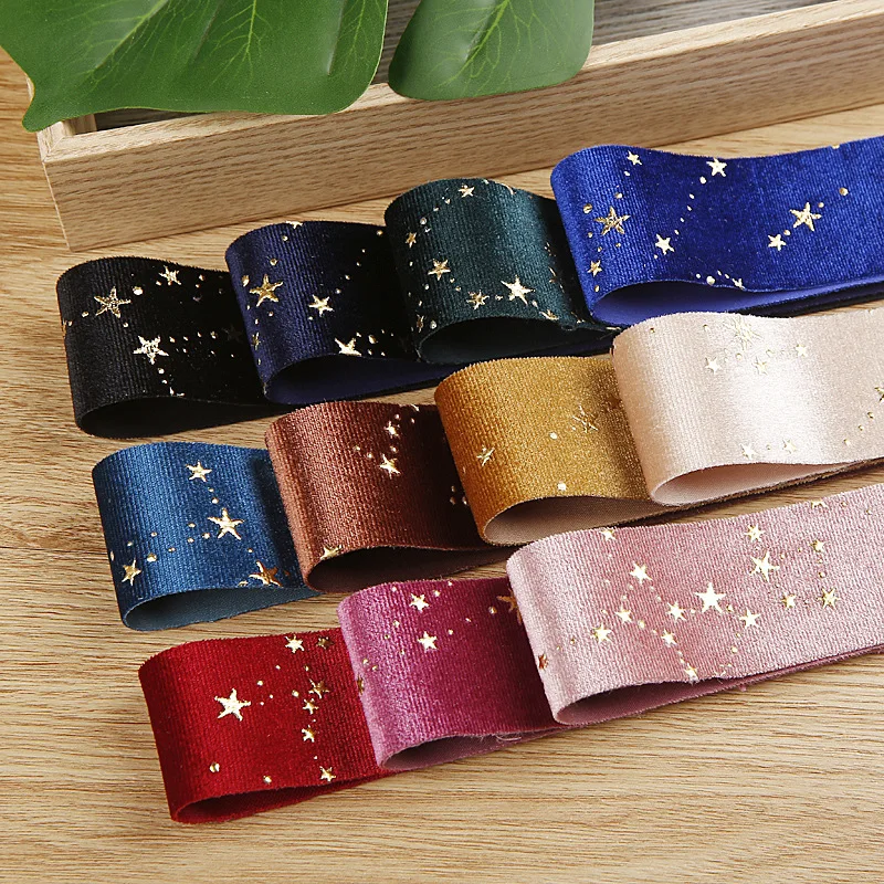 10yards Star Velvet Ribbon Single Face Gold Star Foil Velvet Ribbons for DIY Clothing Accessories Hair Bows Hat Decor Supplies