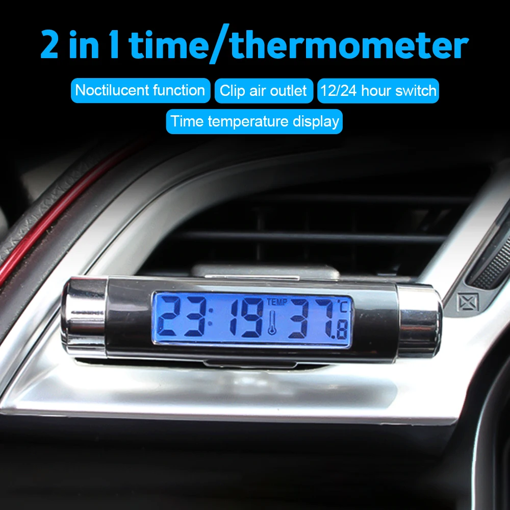 2 in 1 Car Air Outlet Clock Thermometer LED Digital Clock with Temperature Display Electronic Car Clock Backlight Battery Power