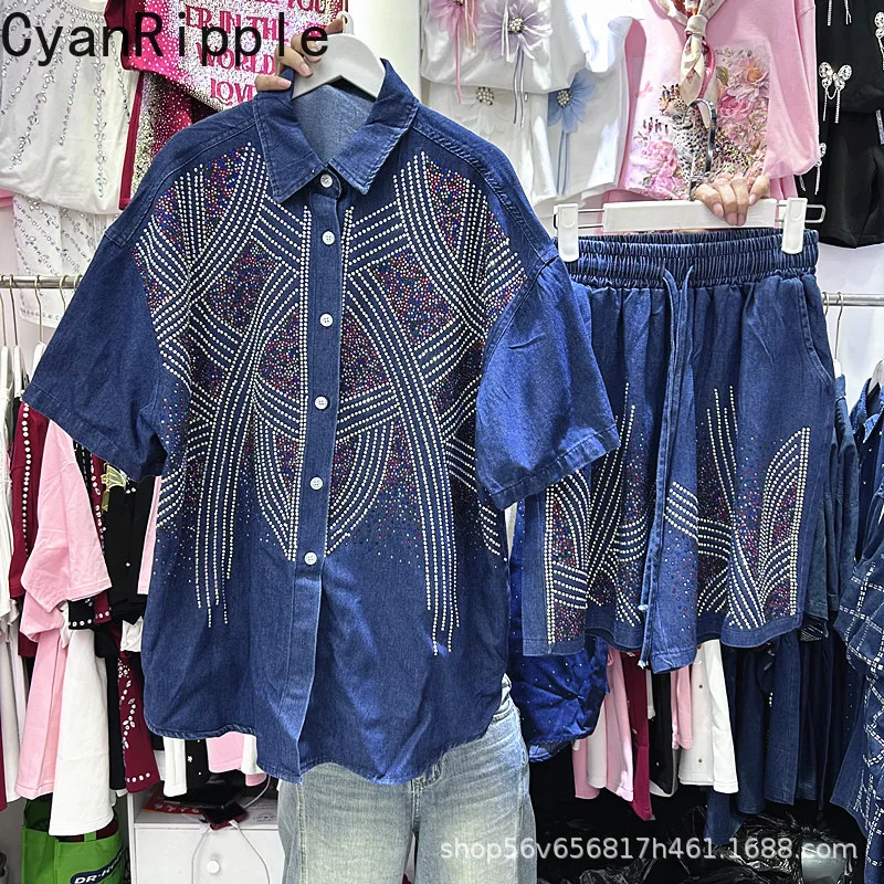 

Fashion Spring Summer Women Denim Sets Colorful Diamond Short Sleeve Cardigans Coat + Elastic Waist Loose Straight Casual Shorts