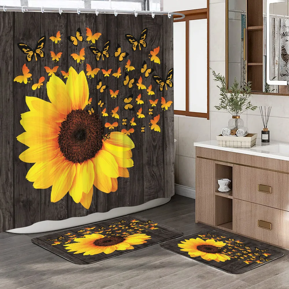 Vintage Woodgrain Sunflower Shower Curtain Rug Bathroom Set Rustic Plank Butterfly Flower Shower Curtain Bath Mat Bathroom Decor