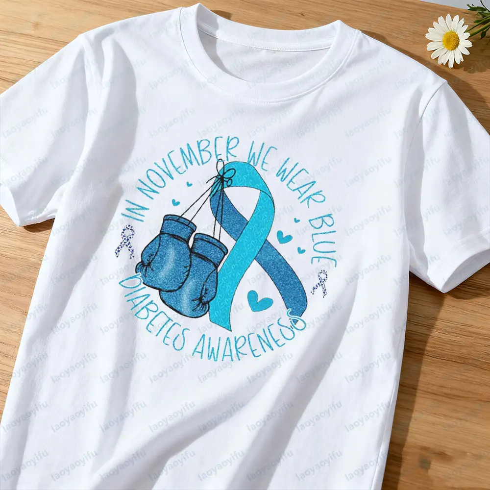 In November We Wear Blue Clothing Diabetes Awareness Shirt Cute Diabetic Blue Ribbon Tee Diabetes Support Awareness Women Tops