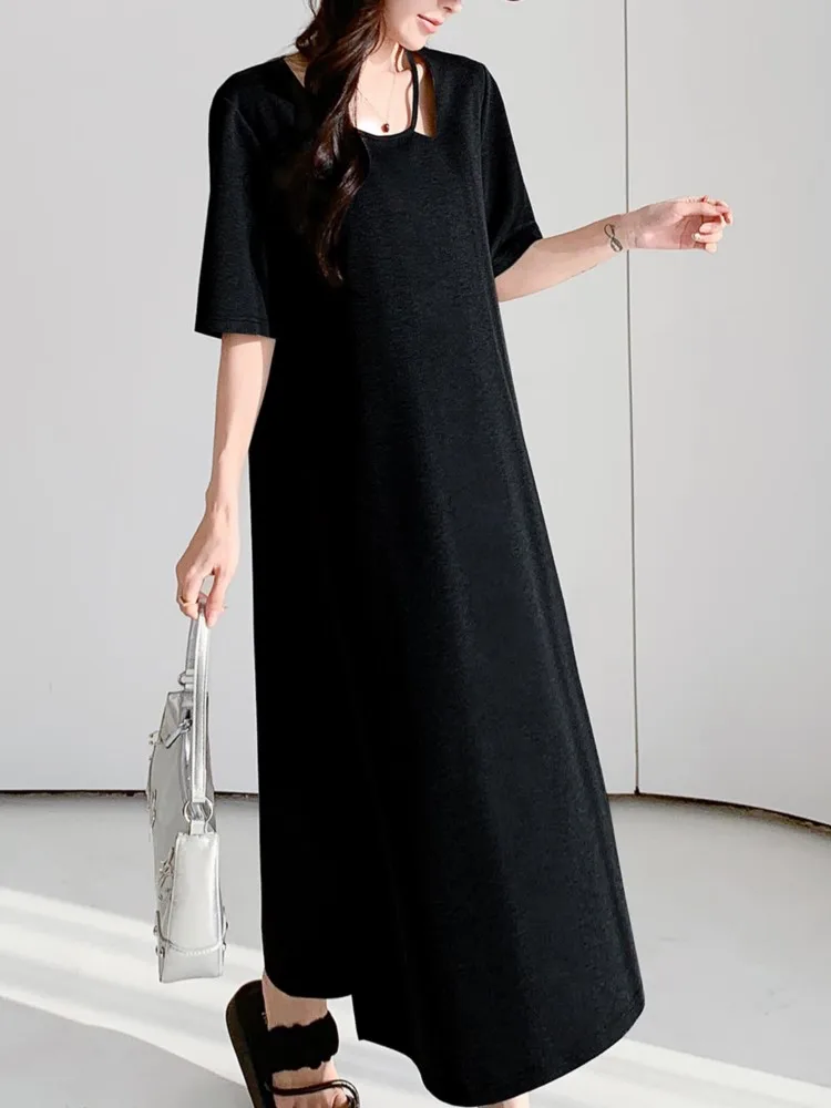 Summer Oversize Solid Loose T Shirt Dress Women Korean Loose V-Neck Short Sleeve Casual Straight Ladies Dresses Female Vestidos