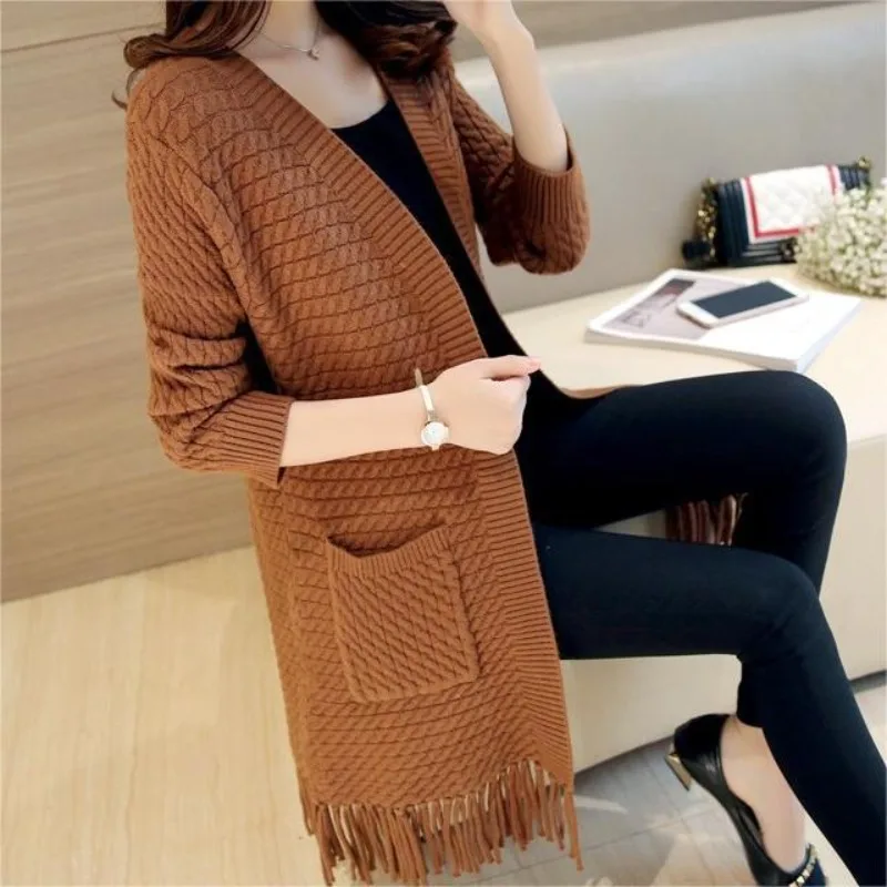 

2025 New Korean Version Loose Fringed Knitted Cardigan Medium and Long Casual Jacket Women's Autumn and Winter Women's Sweater