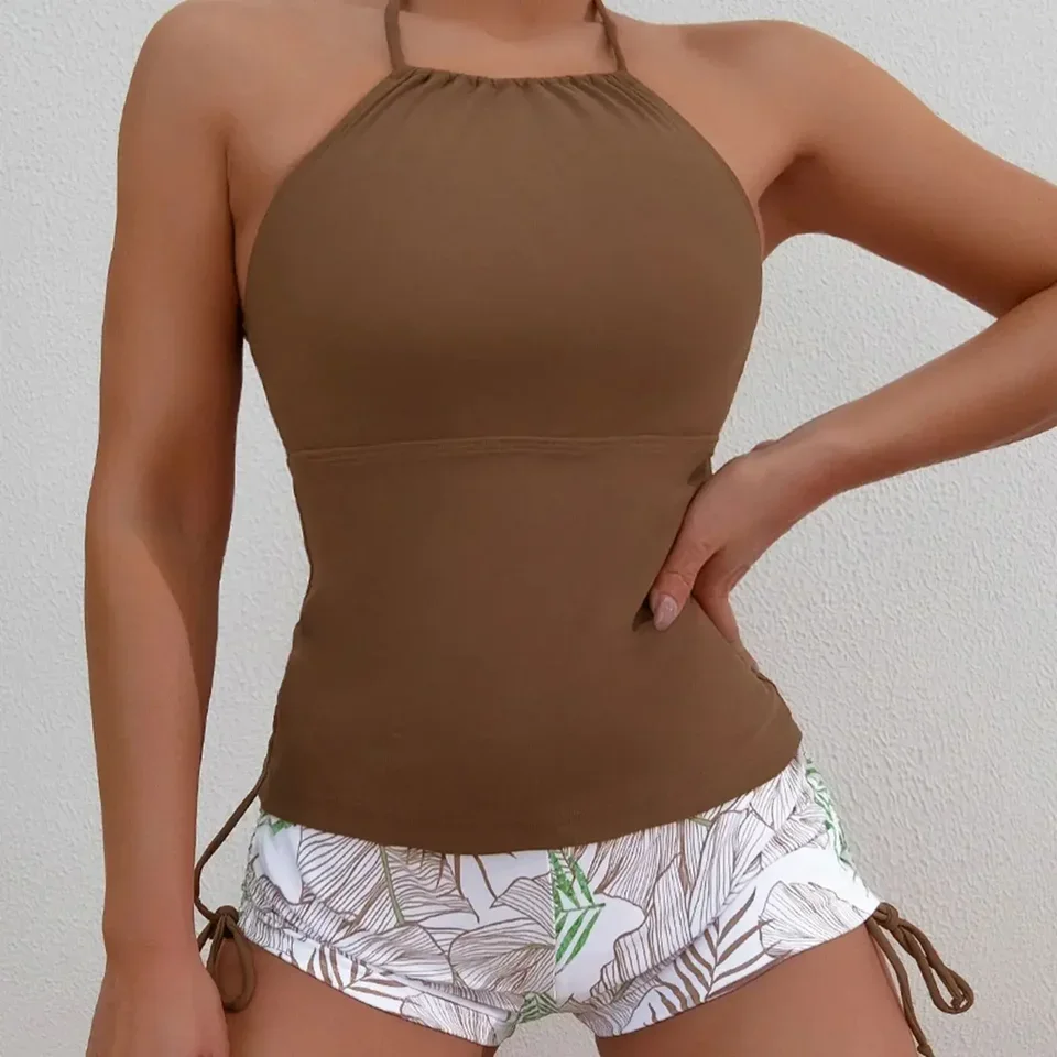 Conjunto de Tankini para mujer, traje de baño estampado con correa para el cuello, bragas de 2 piezas con cordón lateral, Tankini negro, ambiente femenino