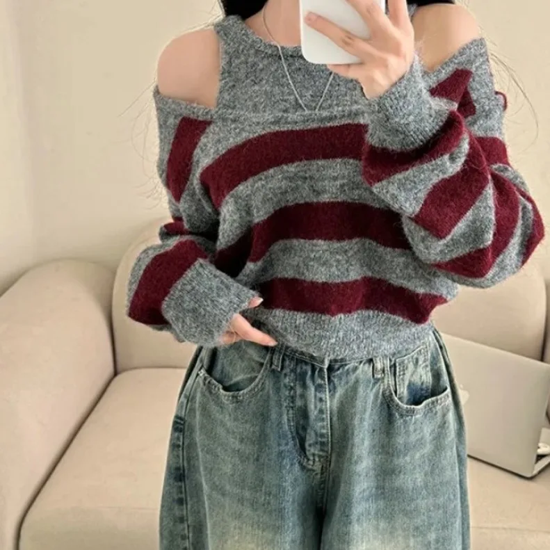 Chic Design Sense Patchwork a righe Colore Blo Casual Sle Maglione da donna Falso in due pezzi Versatile Lazy Match Autunno Inverno...